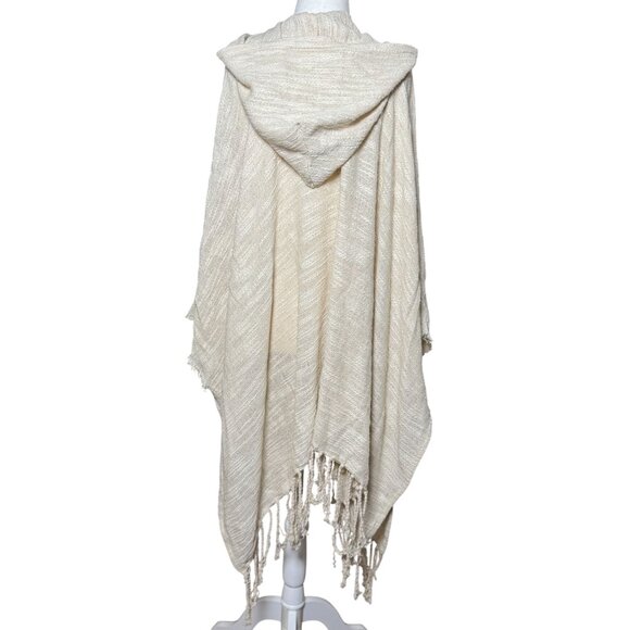 NEW Free People OS Hooded Fringe Poncho Ruana Raw Hem Boho Beige Wrap Cardigan - Picture 1 of 11